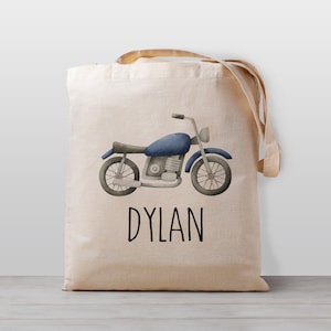 Sac fourre-tout personnalisé pour enfants, camion de moto, sac de jouets de garderie d'école de nom, garçon fille enfants, sac en toile neutre de genre