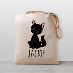 Sac fourre-tout personnalisé pour enfants, chaton chat noir mignon, nom pour garçon, fille ou genre neutre, école en toile, sac préscolaire ou garderie