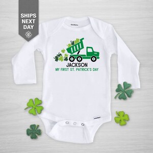 St Patrick&#39;s Day Onesie®, Dump Monster Truck with Clover Shamrock Personalized,  Baby Gerber Onesie®, Saint Patricks Day, St. Paddy&#39;s Day,