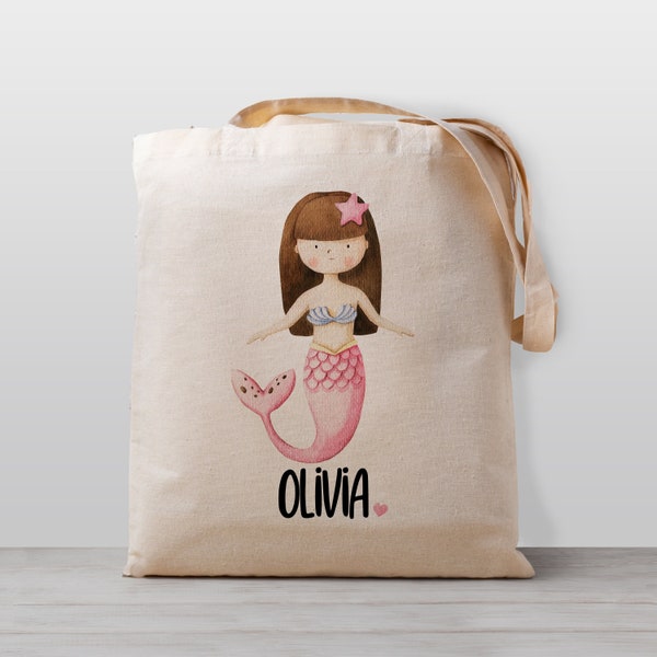 Girls Personalized Kids tote bag, Mermaid with brown hair, Name school daycare toy bag, Kids, Gender Neutral Canvas Bag