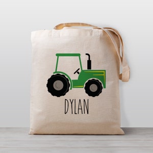 Personalized Kids tote bag, Farm Tractor Green, Name school daycare toy bag, Boy Girl Kids, Gender Neutral Canvas Bag