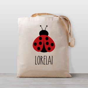 Sac fourre-tout personnalisé pour enfants, Coccinelle, Nom sac de jouets de garderie d’école, Garçon Fille Enfants, Sac en toile neutre de genre