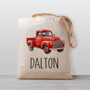 Sac fourre-tout personnalisé pour enfants, camionnette rouge, sac de jouets de garderie scolaire nommé, enfants garçon fille, sac en toile neutre en matière de genre