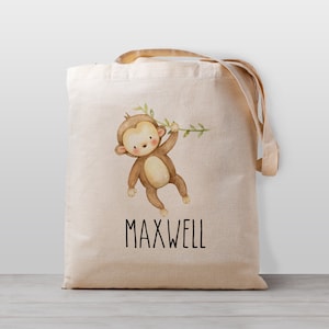 Sac fourre-tout personnalisé pour enfant, singe avec nom Nom pour garçon, fille ou genre neutre, école de toile, sac préscolaire ou garderie,