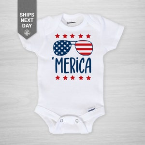 4th of July Onesie®, &#39;Merica with aviator glasses and flag, Baby Infant Bodysuit, Gerber Onesie®, Independence Day, American Royalty