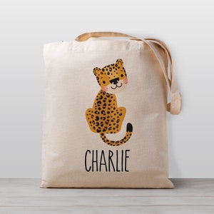 Sac fourre-tout personnalisé guépard avec nom, garçon fille enfants, sac en toile non sexiste, sac personnalisé personnalisé, léopard safari, garderie préscolaire