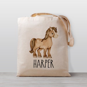 Sac fourre-tout personnalisé pour enfants, cheval avec nom pour garçon, fille ou genre neutre, sac d'école en toile, préscolaire ou de garderie