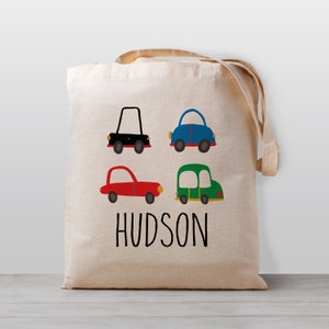 Sac fourre-tout personnalisé pour enfants, voitures et automobiles, sac de jouets de garderie d'école de nom, garçon fille enfants, sac en toile neutre de genre