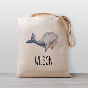 Sac fourre-tout personnalisé pour enfants, Blue Whale, Nom sac de jouets de garderie d’école, Garçon Fille Enfants, Sac en toile neutre de genre, Océan sous la mer