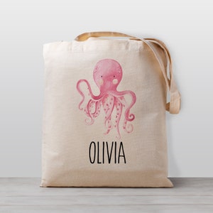 Sac fourre-tout personnalisé pour enfants, Poulpe rose, Sac jouet de garderie de l’école, Garçon Fille Enfants, Sac en toile neutre, Océan sous la mer