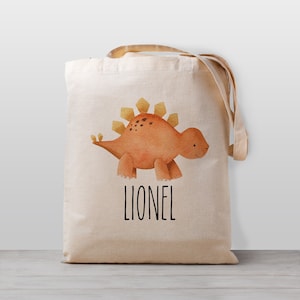 Sac fourre-tout dinosaure personnalisé, nom, garçon fille enfants, sac en toile neutre entre les sexes, Stegosaurus