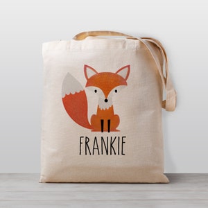 Personalized Fox Tote Bag, Name, Boy Girl Kids, Gender Neutral Canvas Bag