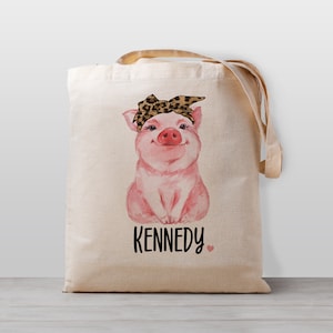 Sac fourre-tout personnalisé pour enfant, cochon mignon avec un arc de bandeau de guépard léopard, école de toile de fille, sac préscolaire ou de garderie