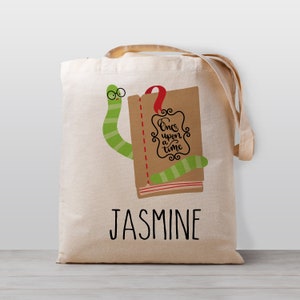 Sac fourre-tout personnalisé pour enfant, ver de livre pour garçon, fille ou sexe neutre, cartable de bibliothèque, sac de maternelle, d'école, d'école maternelle ou de garderie,