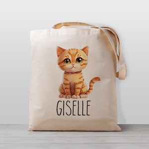 Sac fourre-tout personnalisé pour enfants, chaton, chat tabby orange, nom pour garçon, fille ou genre neutre, école de toile, sac préscolaire ou de garderie,