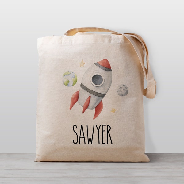 Personalized Kids tote bag, rocket ship astronaut in space,  Name school daycare toy bag, Boy Girl Kids, Gender Neutral Canvas Bag