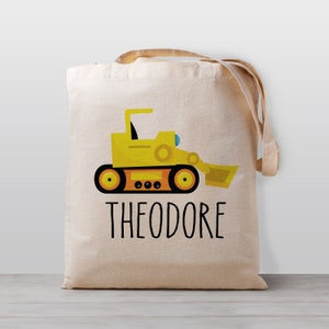 Sac fourre-tout personnalisé pour enfants, Bulldozer Construction Truck Digger, sac de jouets de garderie d'école de nom, garçon fille enfants, sac en toile neutre de genre