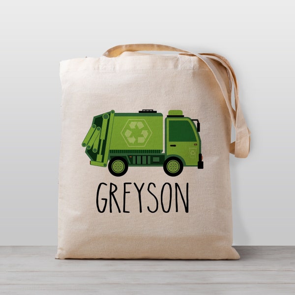 Personalized Kids tote bag, garbage truck recycling, Name school daycare toy bag, Boy Girl Kids, Gender Neutral Canvas Bag