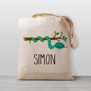 Sac fourre-tout personnalisé pour enfants, serpent, sac de jouets de garderie d'école de nom, garçon fille enfants, sac en toile neutre de genre
