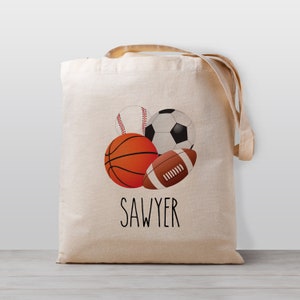 Sac fourre-tout personnalisé pour enfants, Sports (baseball, basket-ball, football et football) Nom du sac de jouets pour la garderie de l'école, garçon fille enfants, genre neutre