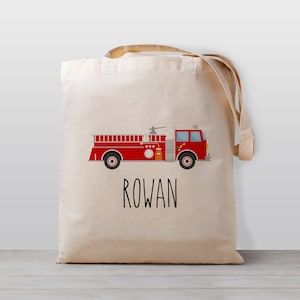 Personalized Kids tote bag, Fire Truck Emergency Vehicle, Name school daycare toy bag, Boy Girl Kids, Gender Neutral Canvas Bag