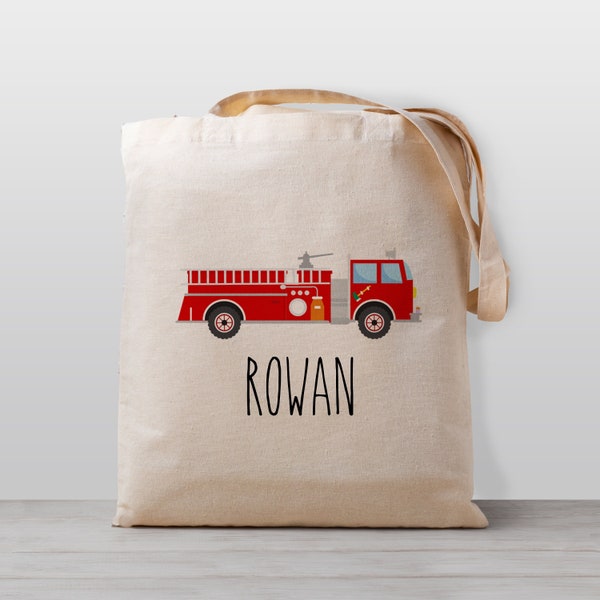 Personalized Kids tote bag, Fire Truck Emergency Vehicle, Name school daycare toy bag, Boy Girl Kids, Gender Neutral Canvas Bag