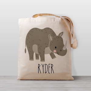 Sac fourre-tout personnalisé rhinocéros, prénom, garçon fille enfants, sac en toile non sexiste, sac personnalisé personnalisé, animal de la jungle safari, garderie préscolaire