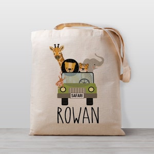 Sac fourre-tout personnalisé avec nom, jeep safari avec guépard, éléphant, girafe, lion et singe, garçon fille enfants, sac en toile, garderie préscolaire