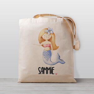 Sac fourre-tout pour enfants personnalisé pour filles, sirène aux cheveux blonds, sac de jouets de garderie d'école de nom, enfants, sac en toile neutre de genre