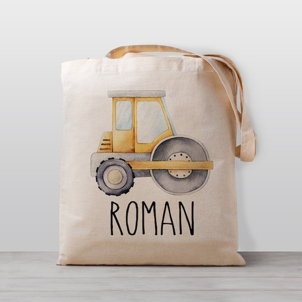 Personalized Kids tote bag, Roller Compacter Construction Vehicle, Name school daycare toy bag, Boy Girl Kids, Gender Neutral Canvas Bag