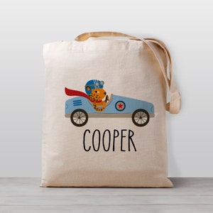 Sac fourre-tout personnalisé pour enfants, véhicule de voiture de course, sac de jouets de garderie d'école de nom, enfants de fille de garçon, sac de toile neutre de genre