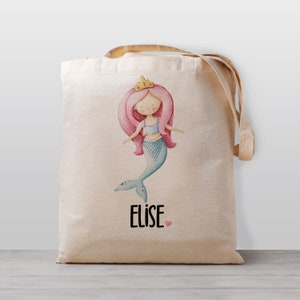 Personalized Kids tote bag, Mermaid with pink hair, Name school daycare toy bag, Boy Girl Kids, Gender Neutral Canvas Bag