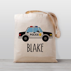 Sac fourre-tout personnalisé pour enfants, Voiture de police, Véhicule d’urgence, Nom Sac de jouet de garderie d’école, Garçon Fille Enfants, Sac en toile neutre de genre