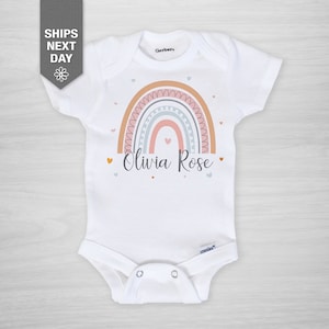 Girls Personalized Name Rainbow Onesie®, Custom Name Baby Girl Onesie®, Neutral Pink Rainbow Baby Onesie®