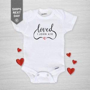 Valentine&#39;s Day Onesie®, Loved, Bible verse 1 John 4:10, choose your color,  Baby Gerber Onesie®