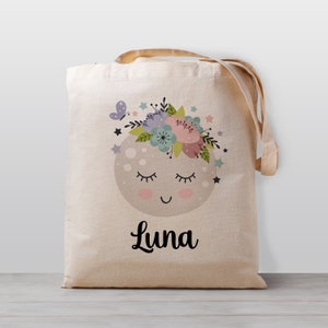 Sac fourre-tout personnalisé pour enfant, pleine lune avec fleurs et étoiles, cartable de bibliothèque, cartable d'école, d'école maternelle ou de garderie, style kawaii