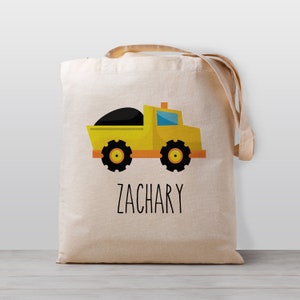 Personalized Kids tote bag, Dump Truck Construction Vehicle, Name school daycare toy bag, Boy Girl Kids, Gender Neutral Canvas Bag