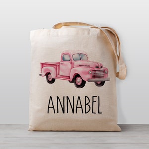 Sac fourre-tout personnalisé pour enfants, camionnette rose, sac de jouets de garderie scolaire nommé, enfants garçon fille, sac en toile neutre en matière de genre
