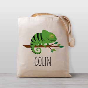 Sac fourre-tout personnalisé pour enfants, reptile de lézard caméléon, sac de jouets de garderie d'école de nom, garçon fille enfants, sac en toile neutre de genre