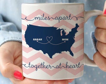 Mother&#39;s Day Mug - Personalized Coffee Mug - Miles apart Together at heart - BFF Mom Grandma Nana gift