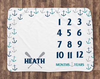 Baby Month Milestone Blanket- Scatter Anchors Nautical - Personalized Baby Blanket - Track Growth and Age - New Mom Baby Shower Gift