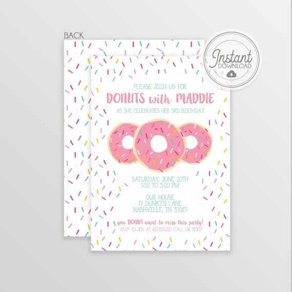 Editable Donut Birthday by Mail Invitation First Birthday 1st by Mail Invitation 100 Sprinkle by Mail Invitation