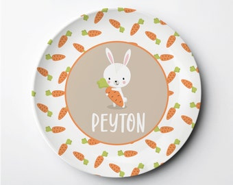 Easter Personalized Plate for boy or girl, featuring an easter bunny and carrots, ThermoSāf® reusable plate, dishwasher, microwave safe