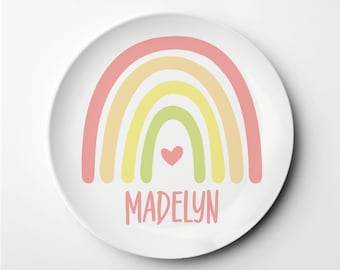Personalized Kids Plate, Pastel Boho Rainbow design, reusable, Decoware®, lasts for years, dishwasher safe