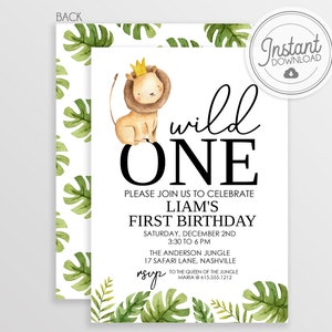 Wild ONE Party Invitation, Lion, King of the Jungle, Instant Download & Editable File - Templett Invitation