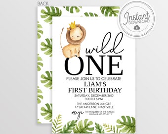 May include: A white invitation with a green jungle leaf pattern border. The invitation says "Wild One" in black text with a lion wearing a crown in the top left corner. The invitation is for Liam's first birthday party on December 2nd from 3:30 to 6 PM at The Anderson Jungle, 17 Safari Lane, Nashville. The RSVP information is at the bottom of the invitation.