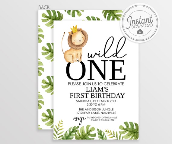 Wild ONE Party Invitation, Lion, King of the Jungle, Instant Download & Editable File - Templett Invitation Il_570xn