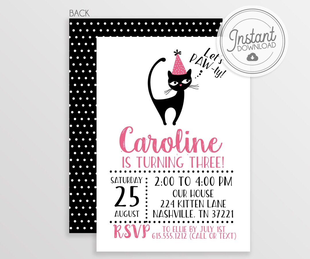 DIY Cat Party Invitation Girl Printable Kitten Birthday Invitation