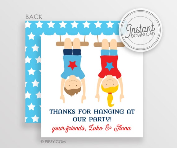 Boy and Girl Gymnastics Party Favor Tag, Edit hair, eye, skin color - Square Gift Tag, DIY with fully editable text & colors - Templett Il_570xn