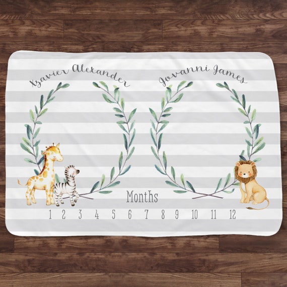 Twin Milestone Blanket - Jungle Animals - Baby Month Blanket - Giraffe, Zebra, Lion, Gray Stripes-Baby Shower Gift - Extra Large Size Fleece Il_570xn